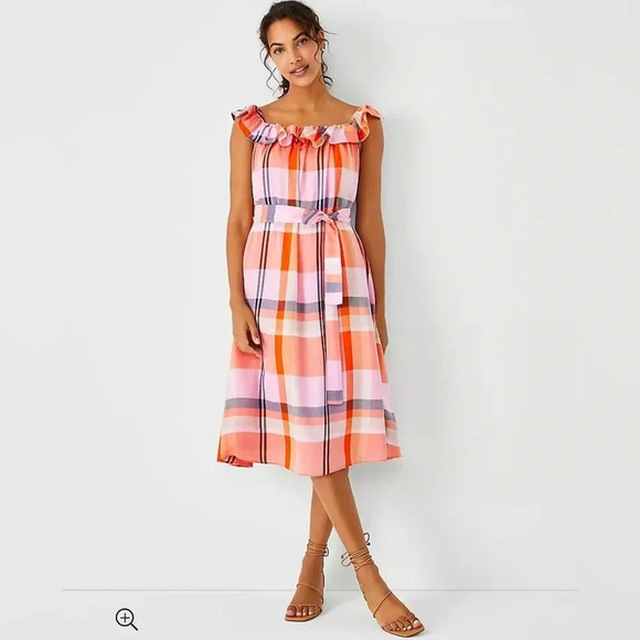 Ann Taylor Tall Madras Plaid Ruffle Square Neck Midi Dres Pink Multicolor - Picture 1 of 8